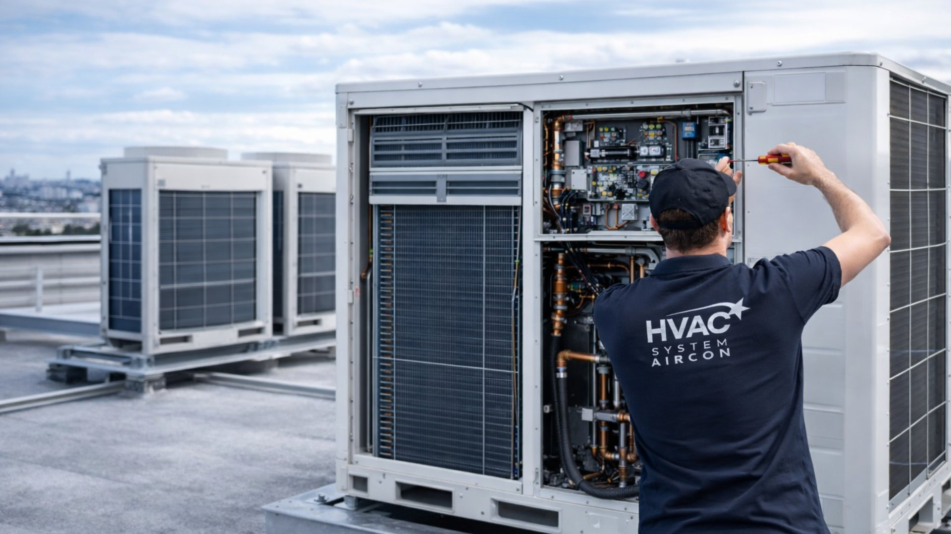HVAC System Aircon technician servicing outdoor VRV unit on rooftop